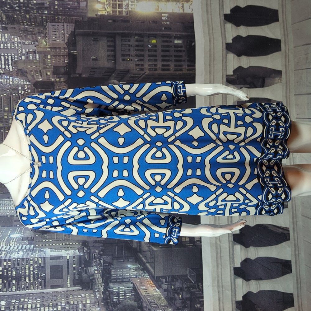 Laundry by Design sz 8 Blue Long Sleeve Round Neck Knee Length Shift Dress